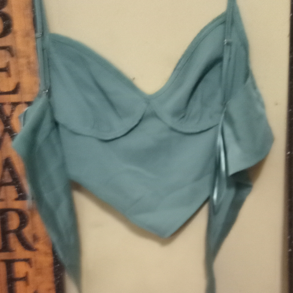 5/$12 Windsor Silk Halter Tieback Lace Trim Elegant Teal Women's Top